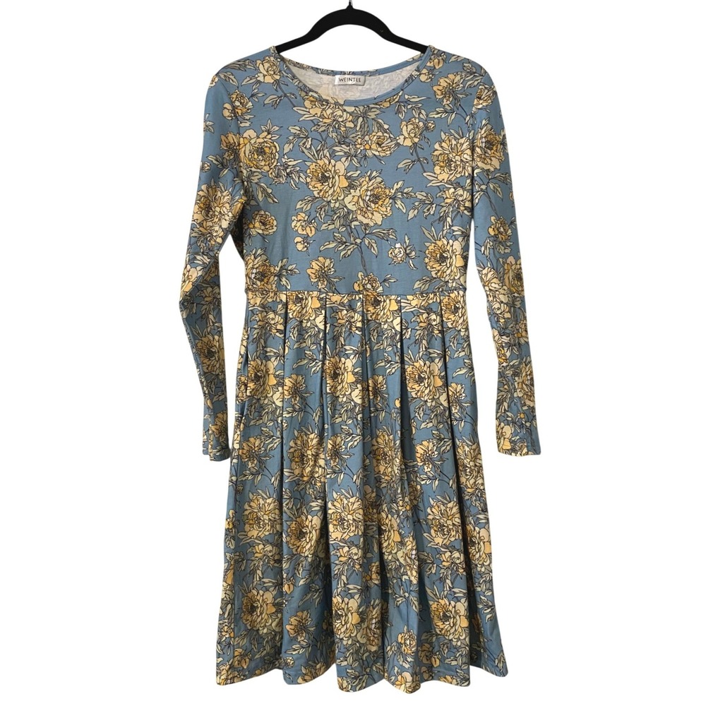 Floral‎ Pleated Long Sleeve Blue Midi Dress Medium Soft Spring Cottagecore Trad